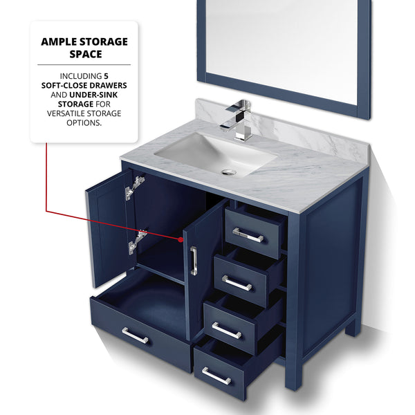 English Elm Navy Bath Vanity 36" W x 22" D with Left Carrara Marble Top, Chrome Faucet, 34" Mirror, Durable Finish B2731S01268