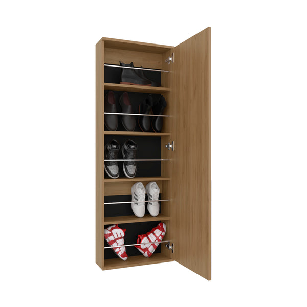 English Elm Leto 54" Wall-Mounted Shoe Cabinet with Mirror — Space-Saving Single Door, Holds 10 Pairs, Oak Finish B200P313680