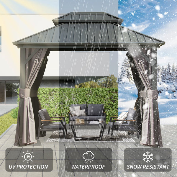 English Elm 8' Hardtop Gazebo 8x10 Aluminum Pavilion with Double Roof, Curtains & Netting for Outdoor Events Grey W1859S00148
