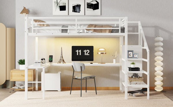 English Elm Twin Xl Loft Bed With L-Shaped Desk, Wardrobe & Usb Ports - Modern Space-Saving Design For All Ages W1580S00134-GIGA