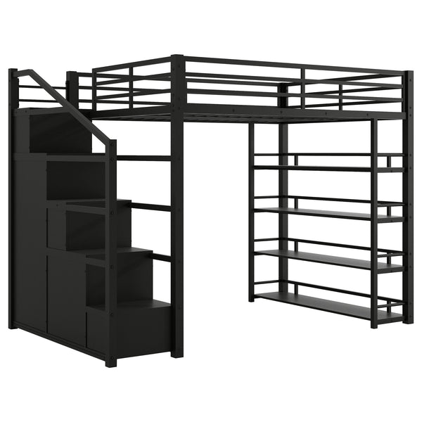 English Elm Full Full Size Metal Loft Bed with Storage Staircase, Shelves, Wardrobe & Guard Rail, Black 70" GX000664AAB