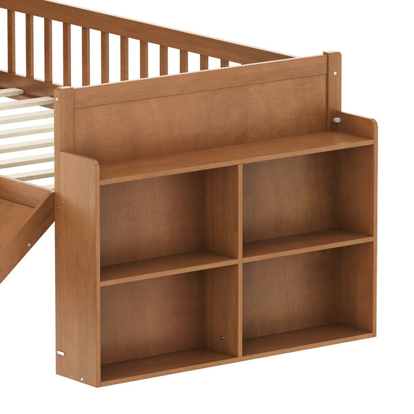 English Elm Twin Platform Kids Bed with Slide Ladder Guardrails Storage Shelf Wood Frame Walnut N733S415411M