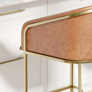 English Elm 31" Barrel Back Barstool Faux Leather Foam Padded Seat Gold Steel Frame for Home Bar Brown Pu B2751P436477