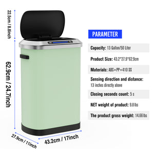 English Elm 50L Smart automatic Trash Can with Silent Slow-Close Lid, Motion Sensor, Durable 0.45mm Steel Body Mint Green W1550P247982
