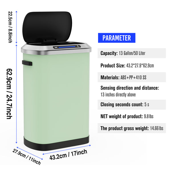 English Elm 50L Smart automatic Trash Can with Silent Slow-Close Lid, Motion Sensor, Durable 0.45mm Steel Body Mint Green W1550P247982