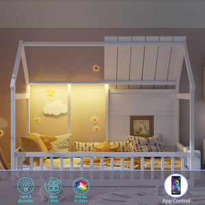 English Elm Twin House Frame Floor Bed Pinewood Build with Led Roofline Kids Bedroom White W697P435880
