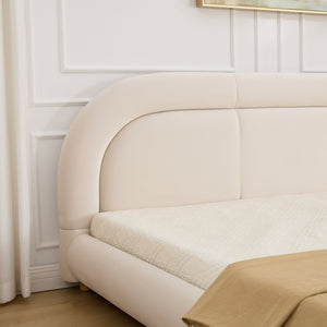 English Elm King Curved Velvet Upholstered Low Profile Platform Bed Sculpted Headboard Modern Beige W5632P452160