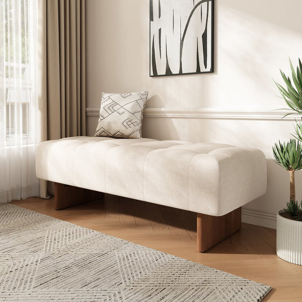 English Elm Christopher Knight Home® - Rectangular Tufted Linen Ottoman Bench With Solid Wood Legs - Versatile Beige Footstool & Seating N757P296695I