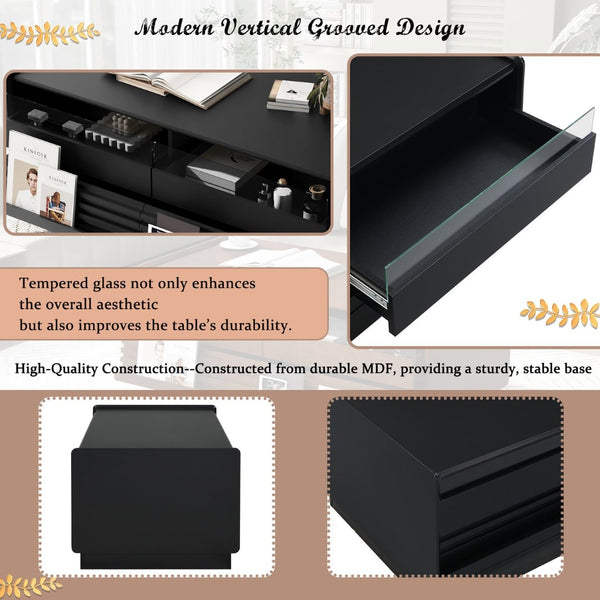 English Elm U-Can Vintage-Inspired Rectangle Coffee Table With 4 Drawers & 2 Shelves, Stylish Glass Accents N724P286421B-GIGA