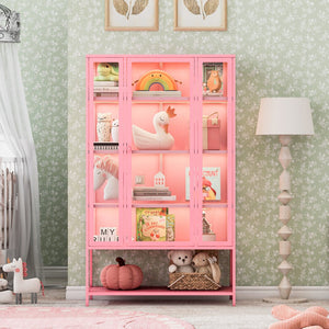 English Elm 67.25'' Tall Steel Curio Cabinet with Led Lighting and Tempered Glass Panels Pink SN845P263995P