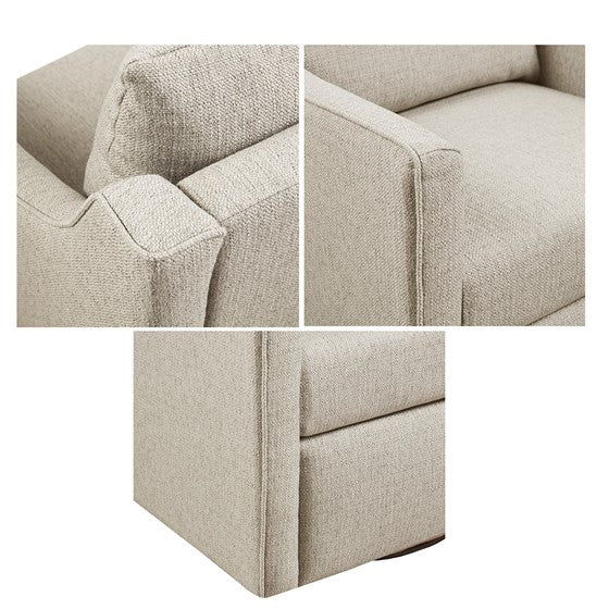 English Elm Swivel Armchair by Martha Stewart Bedford Collection in Natural Polyester — Piped Arms, 360° Comfort, Durable Fabric, Removable Cushions, No Assembly Needed B035P148423