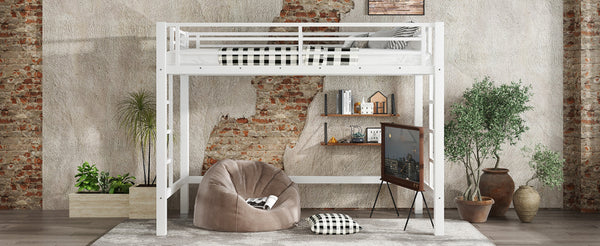 English Elm Twin Xl White Iron Loft Bed with Guardrails and Ladder for Dorm or Teen Room W1580P435706
