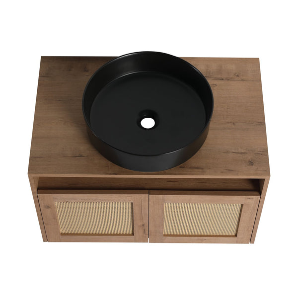 English Elm 30" Modern Wall-Mounted Bathroom Vanity With Black Ceramic Sink, Soft-Close Doors, Oak Finish W999S00398