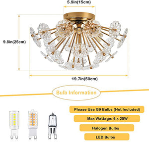 English Elm Gold Elegant Flush Mount Ceiling Light with Crystal Petal Design, 19.7" Brass Fixture, 6×G9 Sockets W2738P314593