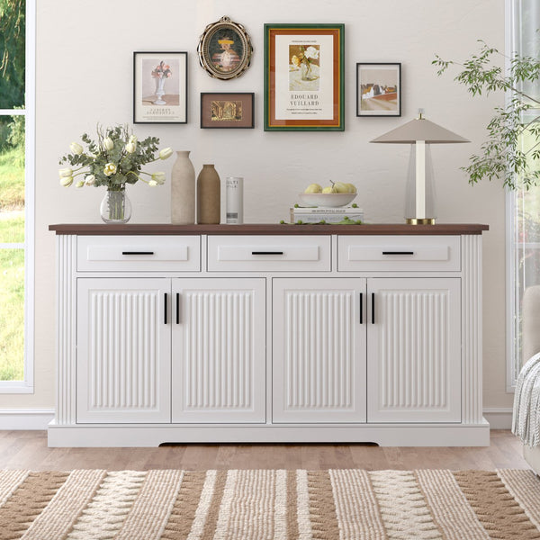 English Elm 63" Fluted Mdf Sideboard with Wood Tone Top Four Doors Three Drawers Dining Storage White W2917S00011