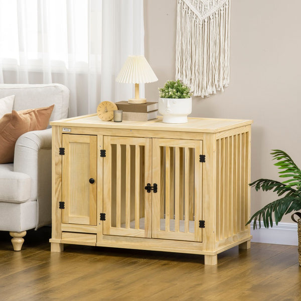 English Elm Pawhut Stylish Wood Dog Crate End Table With Hidden Food Bowl, Cushioned Top & Secure Double Doors W2225P217152-GIGA