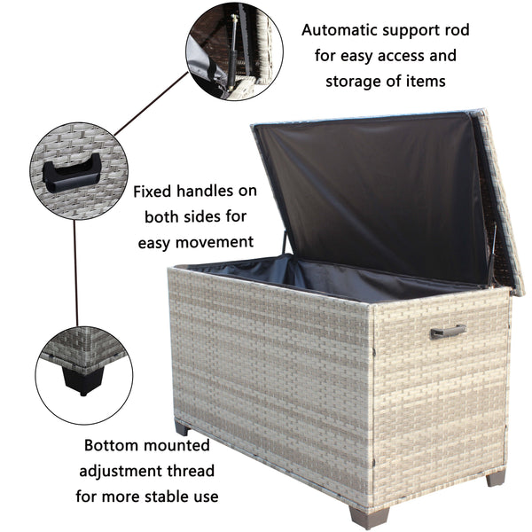 English Elm Wicker 148-Gallon Outdoor Patio Storage Box Grey PE Rattan with Steel Frame, Removable Cushion Cover, Easy Assembly W209P268315