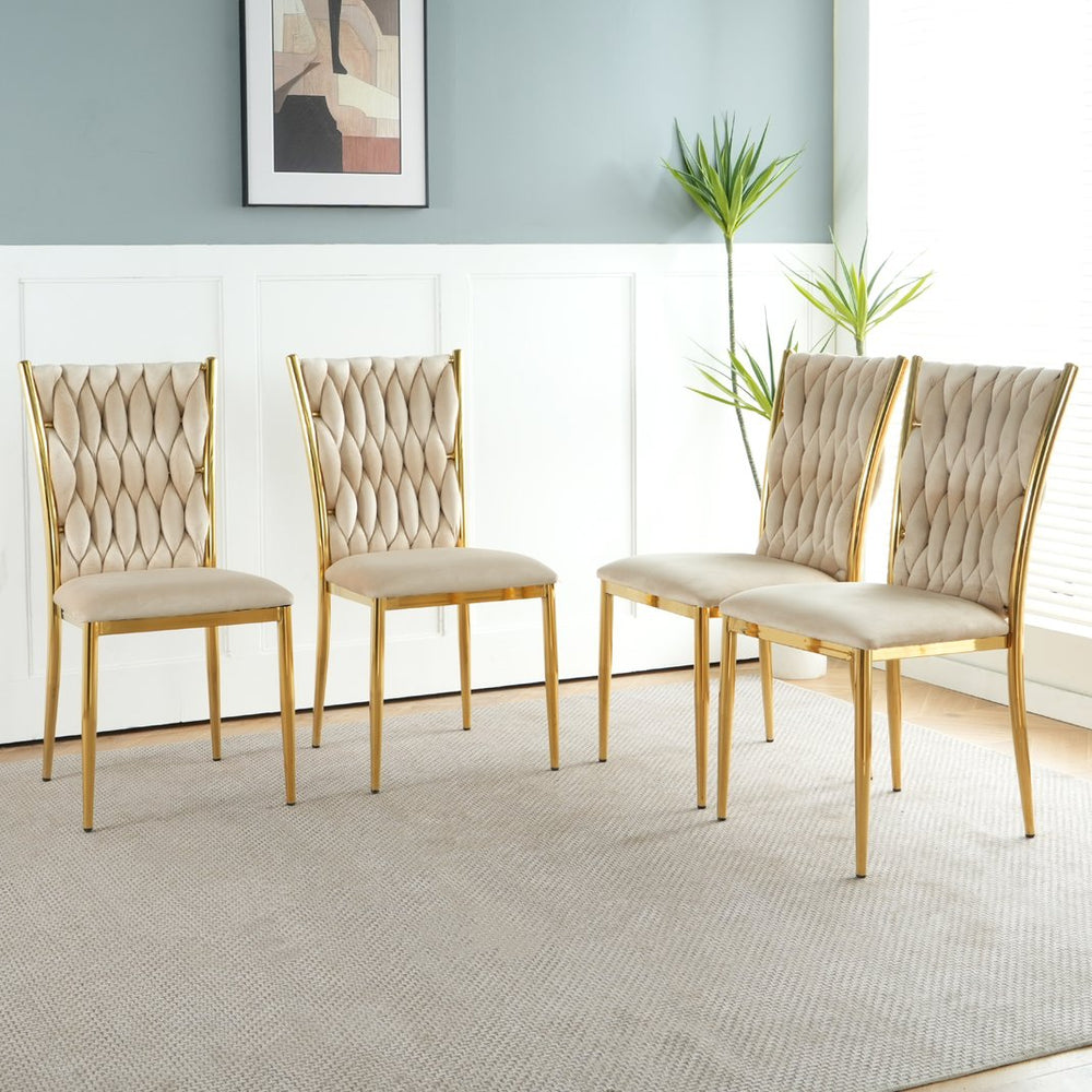 English Elm Modern Velvet Upholstered Dining Chairs with Gold Metal Legs Elegant Set of Two Beige W210P309922