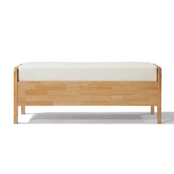 English Elm Upholstered Storage Bench with Pe Rattan Panels Oak Rubberwood Legs Boho Accent N757P257636I