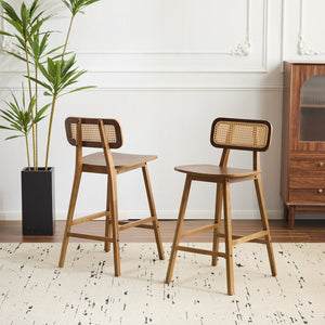 English Elm Christopher Knight Home® - Bari Curved Solid Wood Barstool with Woven Rattan Backrest, Ergonomic Comfort and Timeless Finish Walnut N775P264463W