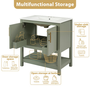 English Elm 30-Inch Green Bathroom Vanity With Ceramic Sink, Elegant Design, Smart Storage For Small Spaces WF325888AAF