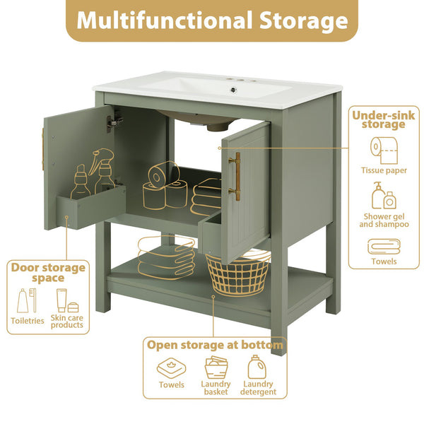 English Elm 30-Inch Green Bathroom Vanity With Ceramic Sink, Elegant Design, Smart Storage For Small Spaces WF325888AAF