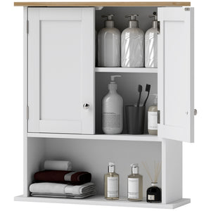 English Elm HOMCOM Modern Wall Bathroom Cabinet with 2 Doors, Adjustable Shelves, Oak Top & Open Shelf, White W2225P250003