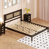 English Elm Full Size Wooden Platform Bed With Natural Rattan Headboard, Exquisite Elegance With Minimalist Charm For Bedroom, Black