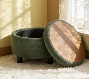 English Elm 25 Inch Round Fabric Pouf Ottoman with Removable Wooden Lid and Hidden Interior Storage Dark Green W5568P461364