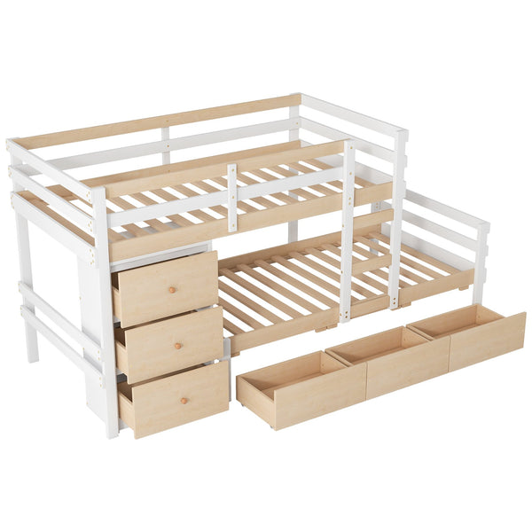 English Elm Twin Loft Bunk Bed with Built-In Drawers and Ladder, Space-Saving Twin over Twin Pine MDF Design Natural GX000424AAN