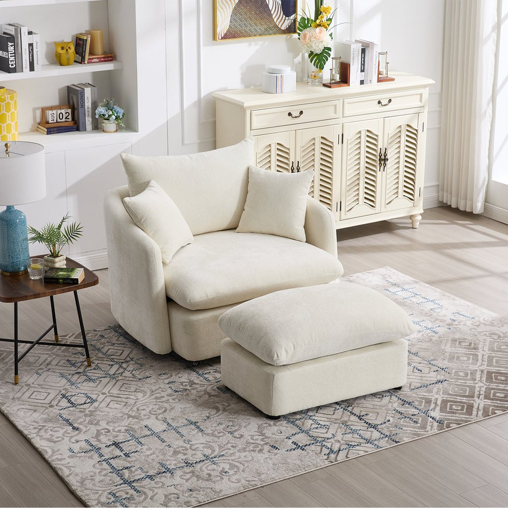 English Elm 360° 360 Swivel Oversized Chenille Armchair with Pocket Spring Seat and Three Throw Pillows Beige W1361S00094