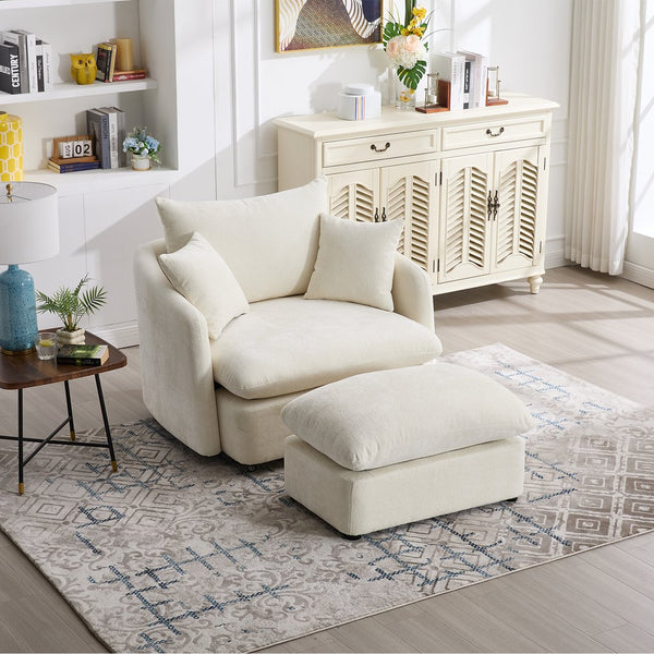 English Elm 360° 360 Swivel Oversized Chenille Armchair with Pocket Spring Seat and Three Throw Pillows Beige W1361S00094