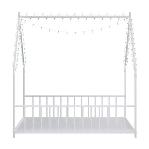 English Elm Full Full-size children's bed frame with LED roof design, white iron house-style frame, sturdy 350lb capacity W1820P356060