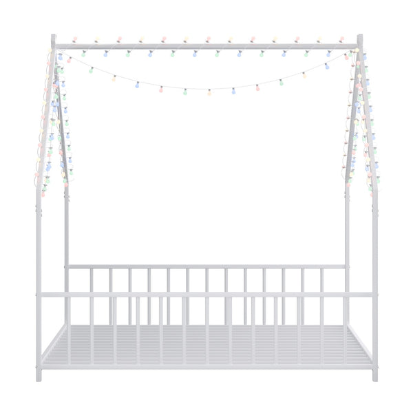 English Elm Full Full-size children's bed frame with LED roof design, white iron house-style frame, sturdy 350lb capacity W1820P356060
