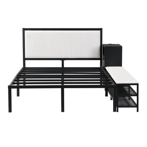 English Elm Full Metal Platform Bed With Stylish Two-Tier Storage Shelves & Cozy Upholstered Headboard, Black N737P199334B