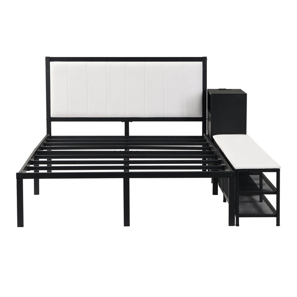 English Elm Full Metal Platform Bed With Stylish Two-Tier Storage Shelves & Cozy Upholstered Headboard, Black N737P199334B