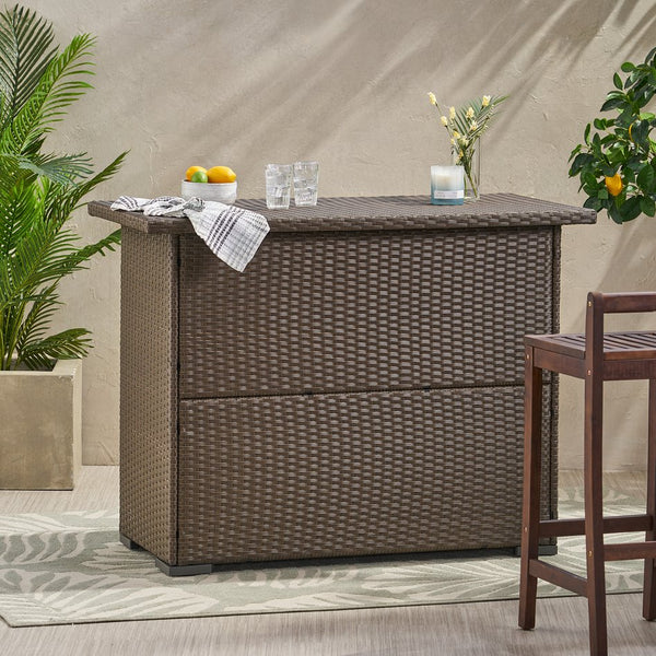 English Elm Trinidad Outdoor Resin Wicker Bar Table with Cabinet Storage for Patio Entertaining N772P368972D
