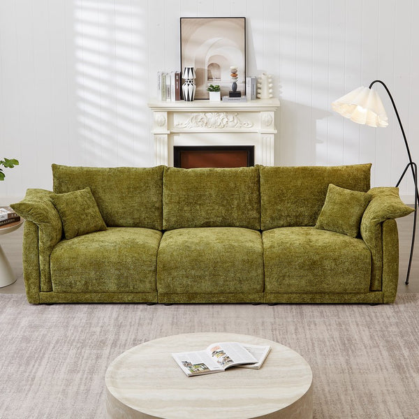 English Elm 98.5" 3-seater sofa with upholstered armrests and plush cushions, modern linen sofa with high weight capacity Green W1193S00142