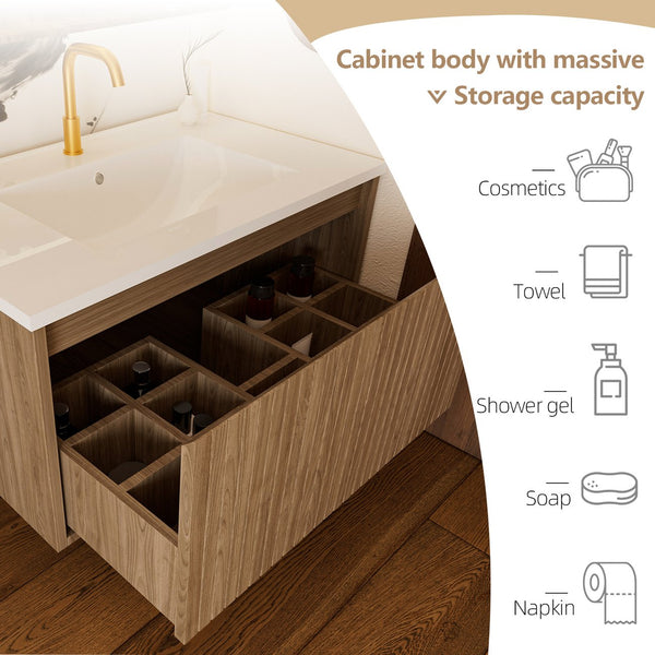 English Elm 30 Inch Bathroom Vanity with Sink — Floor-Standing Stability, Soft-Close Drawers, Ample Storage, Durable Finish Walnut 35.47 L x 21.85 W x 8.07 H W3520S00009
