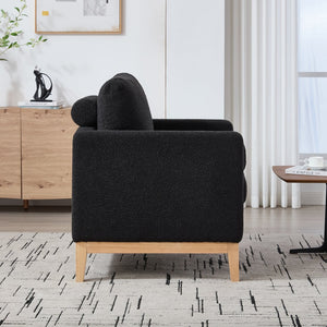 English Elm 35.4" Wide Modern Farmhouse Accent Chair With Soft Black Boucle, Natural Wood Legs & Bolster Pillows W3118P283468