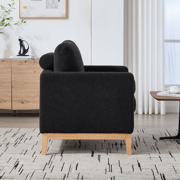 English Elm 35.4" Wide Modern Farmhouse Accent Chair With Soft Black Boucle, Natural Wood Legs & Bolster Pillows W3118P283468