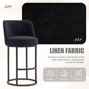 English Elm Counter Height Barstools Set of 2 Linen Upholstered Barrel Seat with Iron Legs Black W395P410438