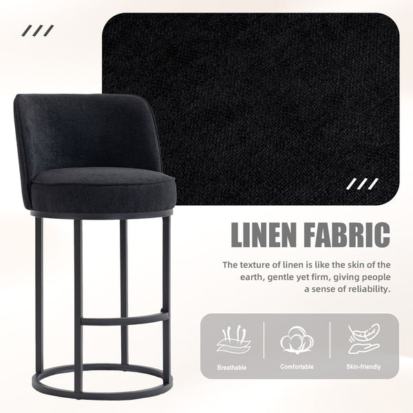 English Elm Counter Height Barstools Set of 2 Linen Upholstered Barrel Seat with Iron Legs Black W395P410438