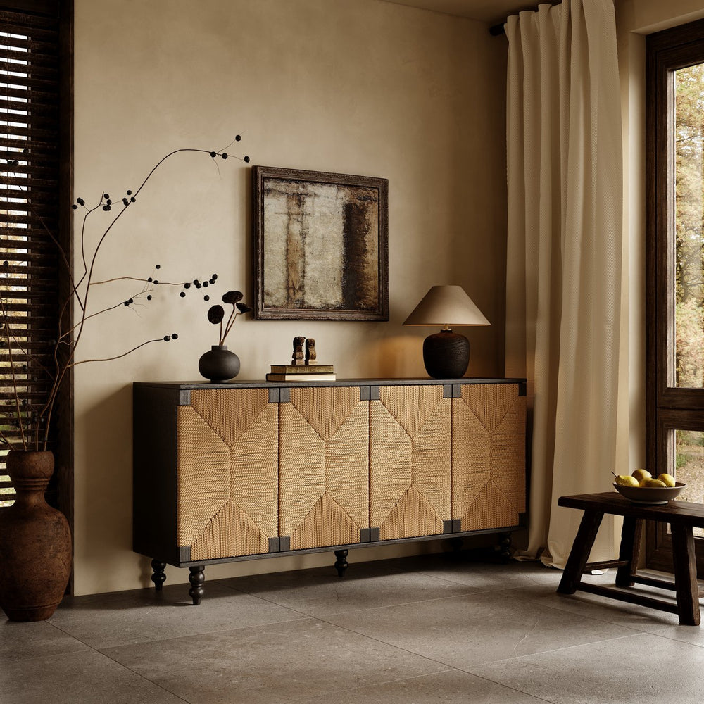 English Elm Accent Coastal Sideboard with Handwoven Seagrass Doors and Wire-brushed Wood Finish W2263P395490