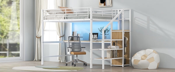English Elm Full Size Metal Loft Bed With Desk, Storage Staircase, Wardrobe & Led Light For Small Spaces GX000620AAK-1