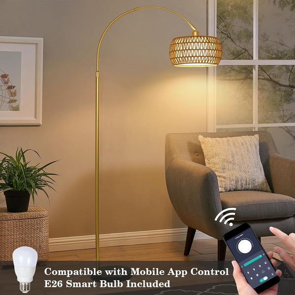 English Elm Gold Boho Floor Lamp with Remote Dimmable LED, Dual Rattan & Fabric Shades, Adjustable Arc Light Brown+Black W2738P185418