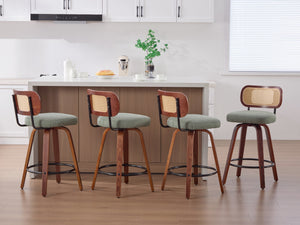 English Elm Set of 2 Swivel Counter Stools Walnut Frame Rattan Back Linen Seat Kitchen Island Light Green W1143P392172
