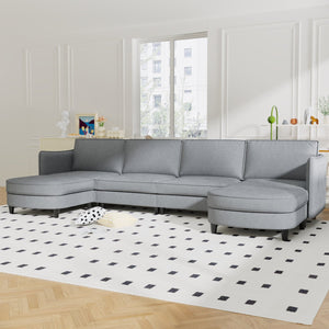 English Elm 141.5'' Spacious U-Shaped 6-Seater Sofa Couch With Movable Ottoman & Pockets – Modern Gray Fabric Comfort W680S00040
