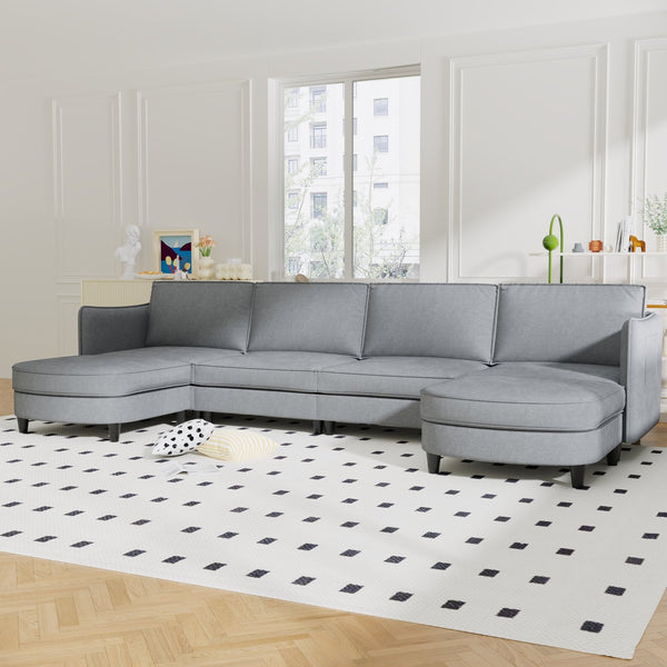 English Elm 141.5'' Spacious U-Shaped 6-Seater Sofa Couch With Movable Ottoman & Pockets – Modern Gray Fabric Comfort W680S00040