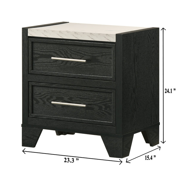 English Elm 1pc Black Nightstand with Faux Marble Top and 2 Drawers, 23.4"x15.4"x24.1" Modern Accent for Bedroom B2741P379713